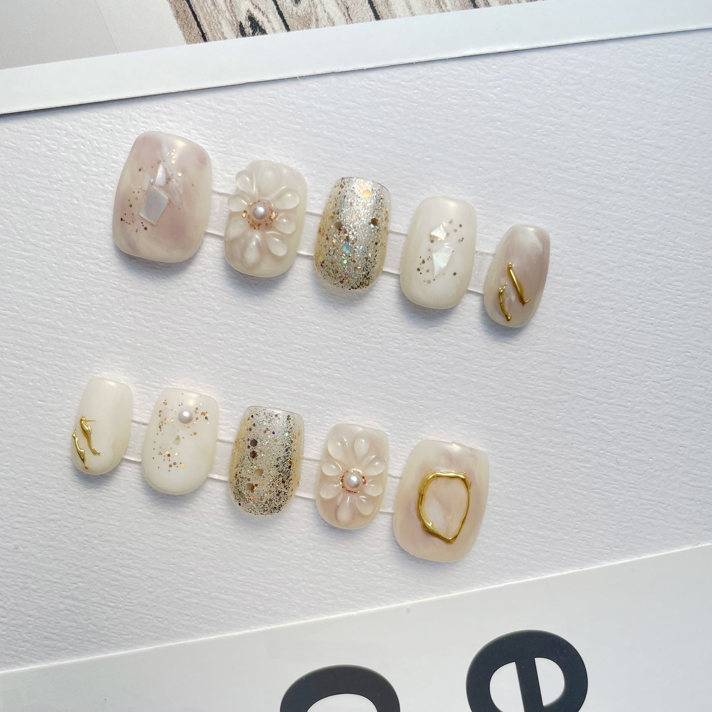 103 3D Jasmine flower gold foil delicate pearls handmade Press On Nails
