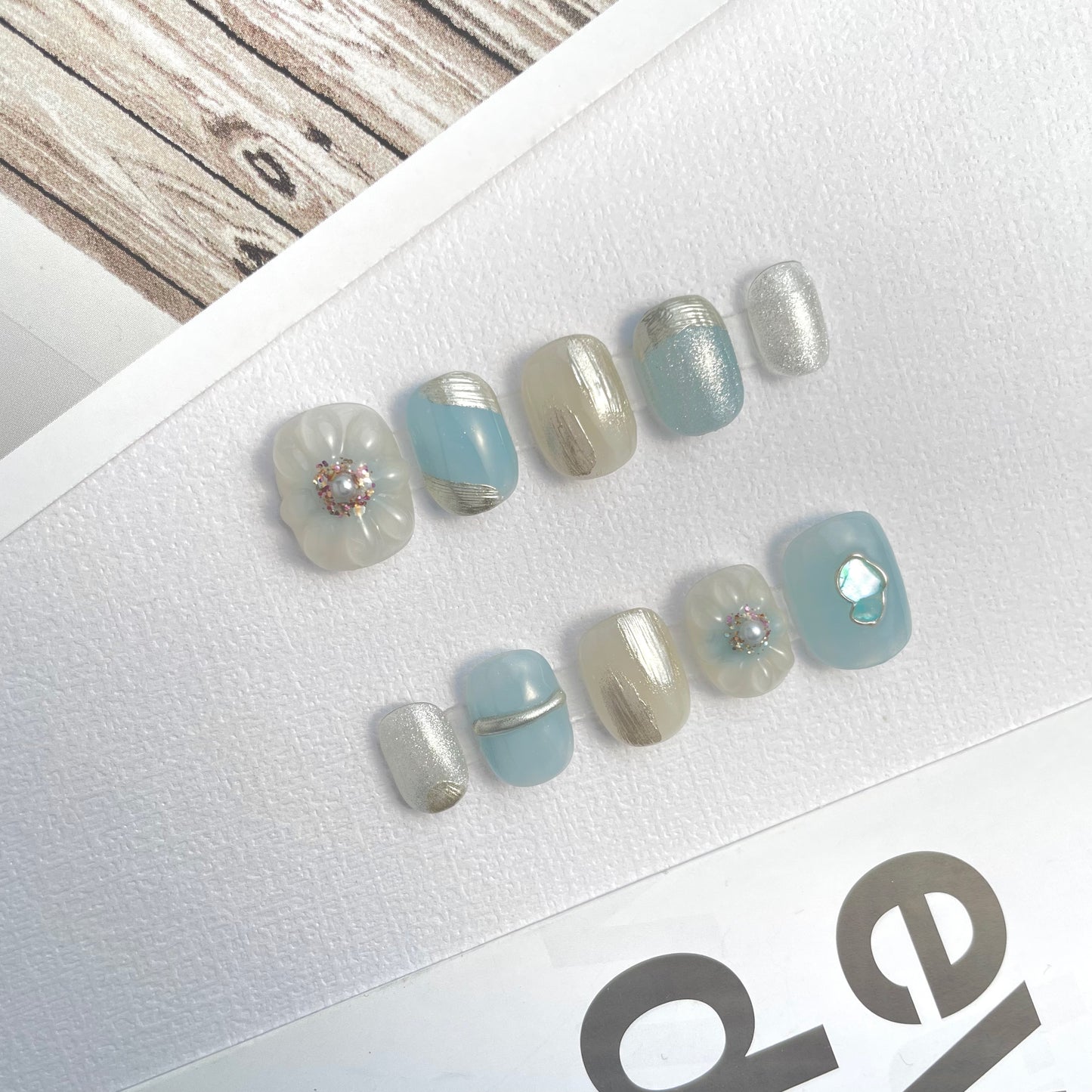 110 Ice blue jasmine flower silver foil handmade 3D Press On Nails