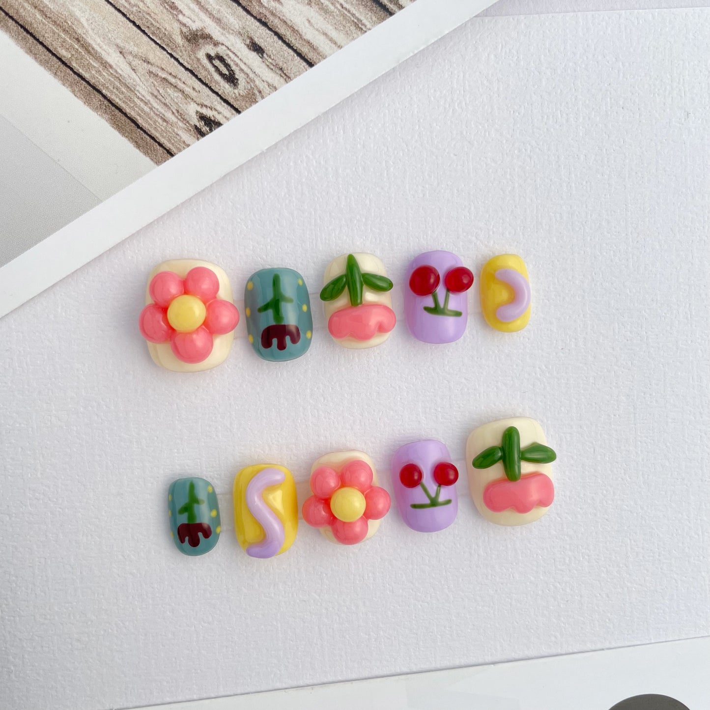 111 3D sculpture colorful flower handmade cartoon Press On Nails