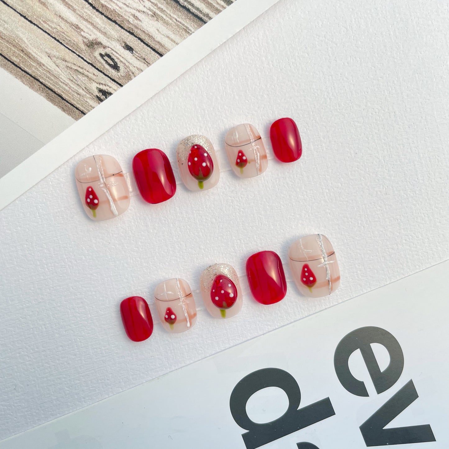 113 Hand-painted strawberry garden red 3D Press On Nails