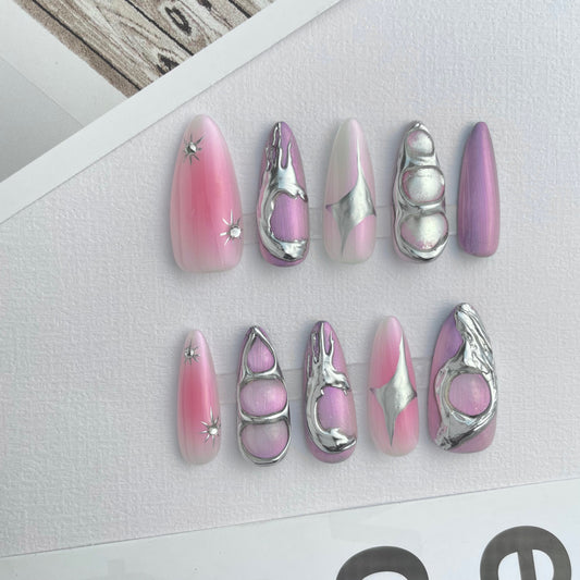 129 Galactic Guard slivery pink gradient handmade 3D Press On Nails