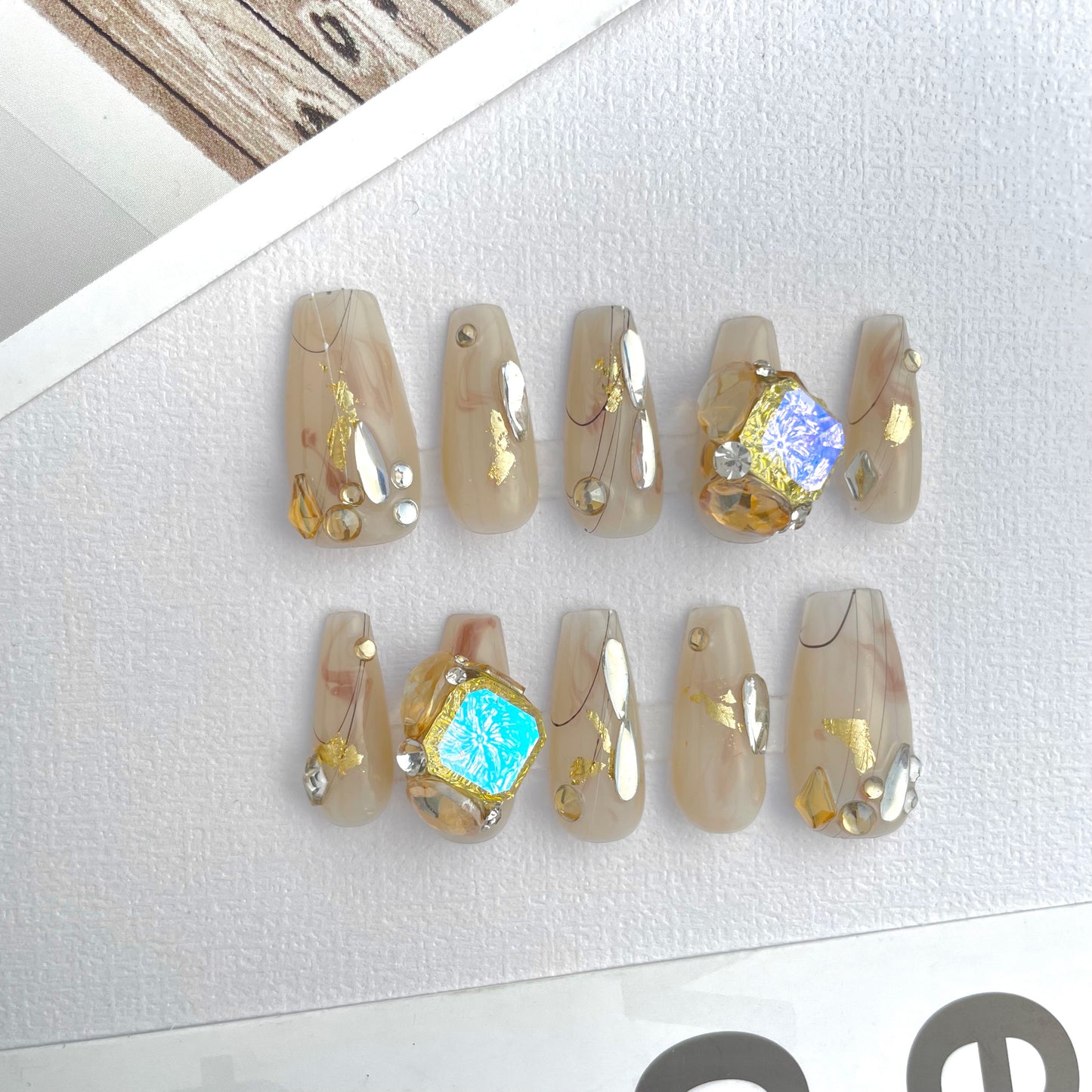 130 Autumn whispers luxury huge golden diamond handmade 3D golden Press On Nails