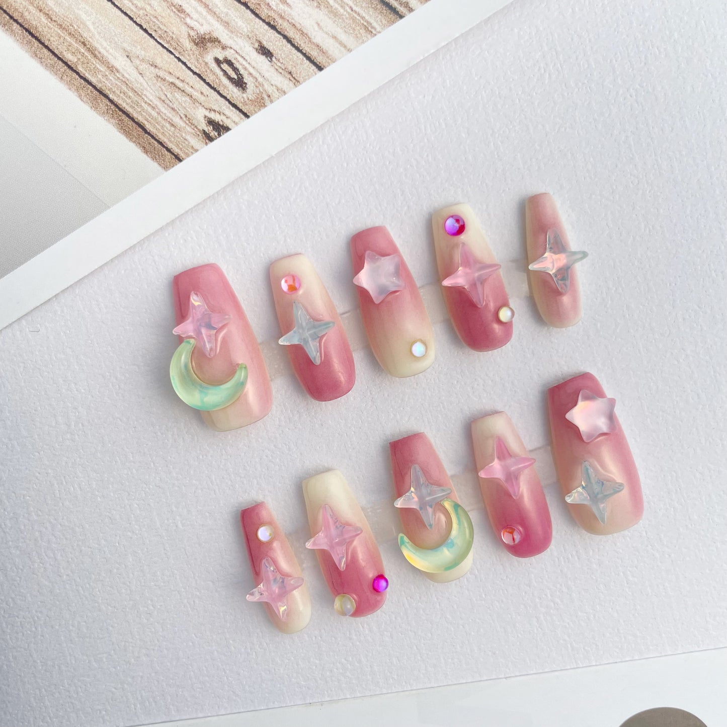 135 Star moon gelatinous pink shade handmade 3D Press On Nails