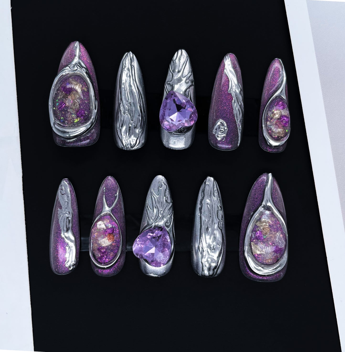 200 Aurora dazzle large purple diamond handmade 3D Press On Nails