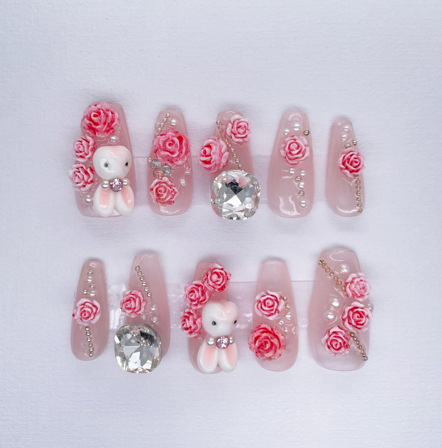 203 Rose bunny big diamond handmade 3D Press On Nails