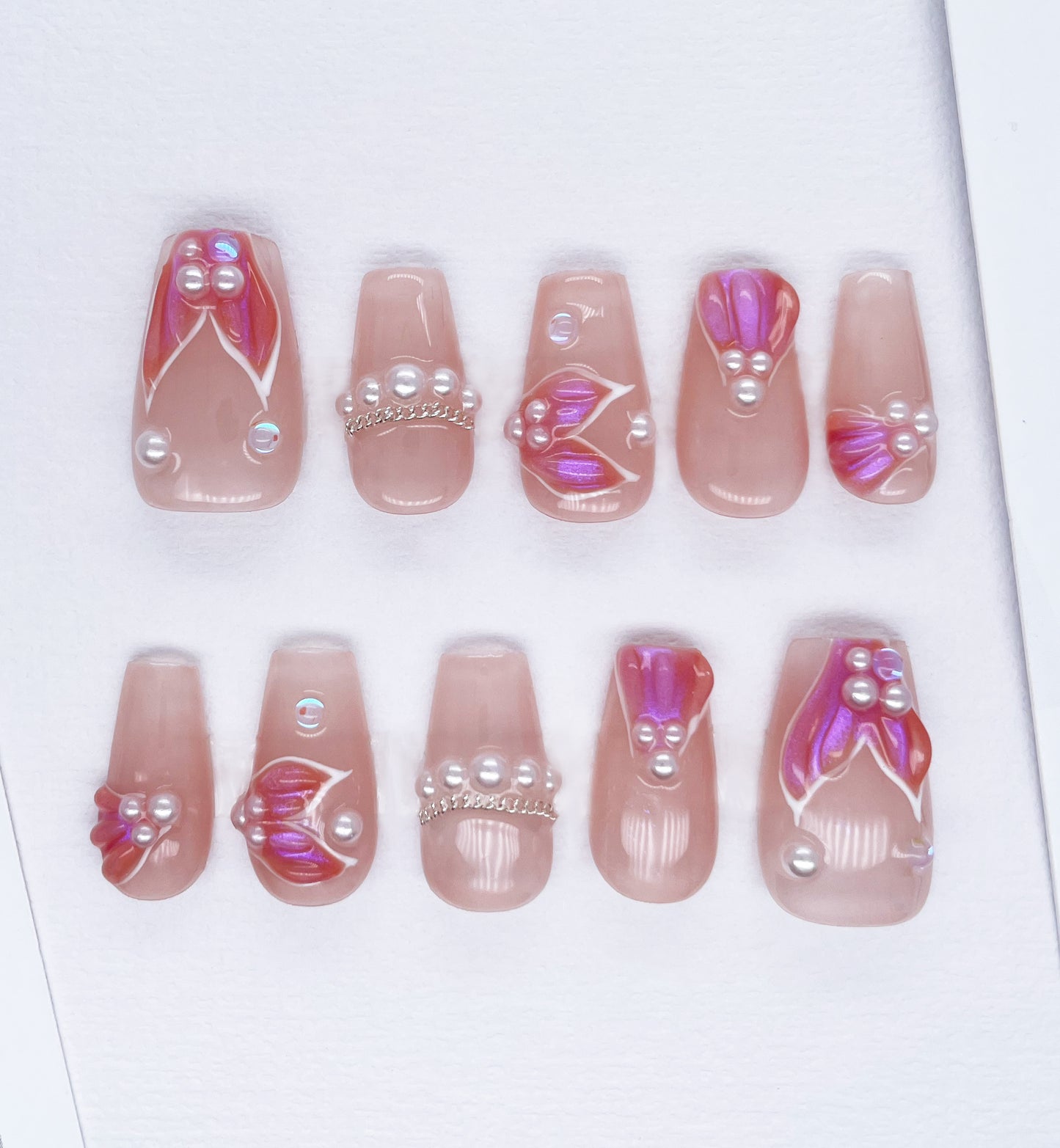 207 Pink mermaid mystery small pearls chain handmade 3D Press On Nails