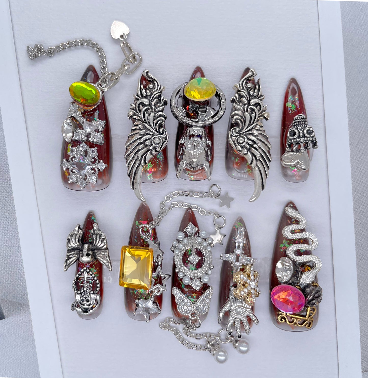 213 Luxury giant diamonds silver chain snake decoration handmade 3D Press On Nails