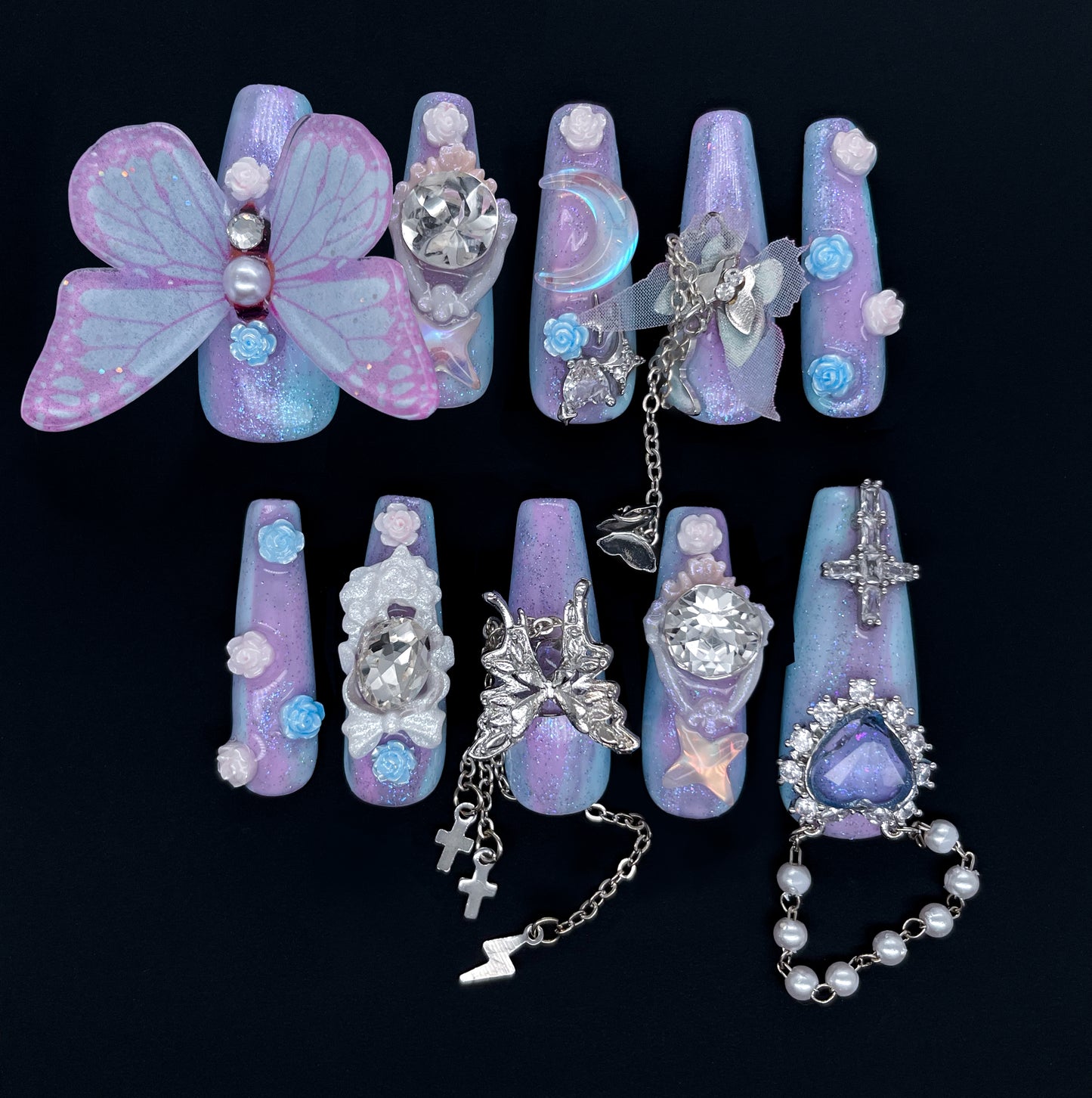 215 Luxury giant purple butterfly small pearls chain corss giant diamonds handmade 3D Press On Nails