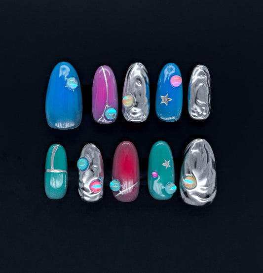 220 Colored gel jelly beads metallic silver aurora blue-green handmade 3D Press On Nails