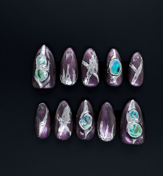228 Glitter magic mirror powder irregular metal silver emerald handmade 3D Press On Nails