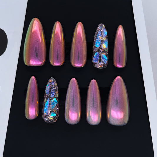 229 Glitter magic mirror powder irregular metal silver emerald handmade 3D Press On Nails