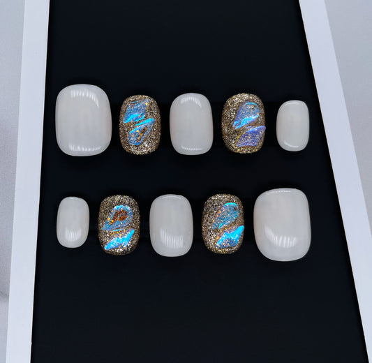 231 Cream white stardust diamond commute comfort handmade 3D Press On Nails