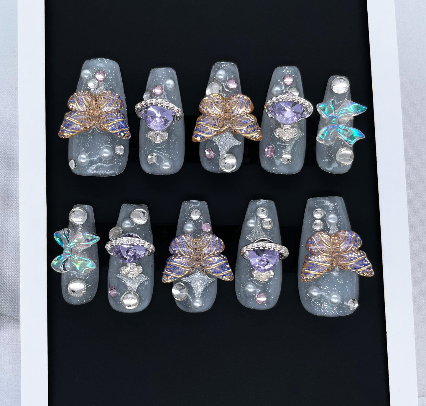 232 Starry frost transparent colorful butterfly diamond handmade 3D Press On Nails