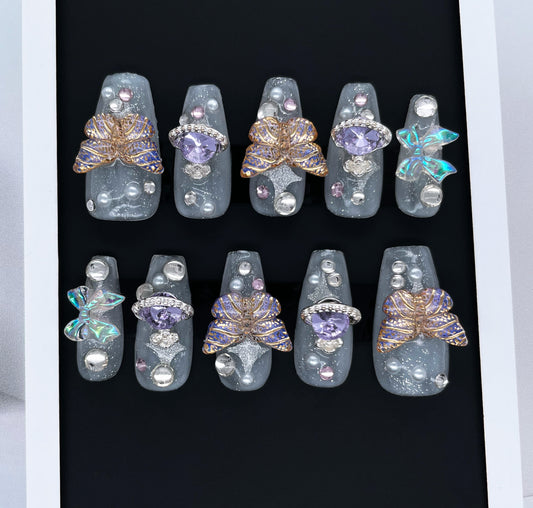 232 Starry frost transparent colorful butterfly diamond handmade 3D Press On Nails