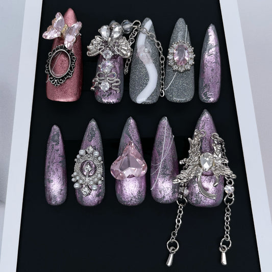 233 Butterfly pink starlight chain handmade 3D Press On Nails