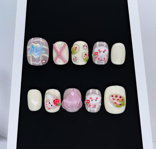236 Strawberry bunny pink chain heart diamond cream white handmade 3D cartoon Press On Nails