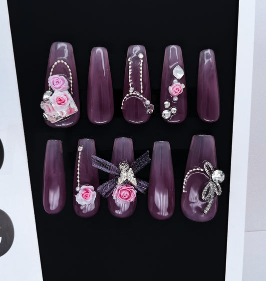 237 Pink rose delicate silver chain lace bow diamond handmade 3D Press On Nails