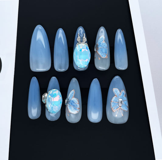238 Frozen lake ice mirror gradient blue diamond handmade 3D Press On Nails
