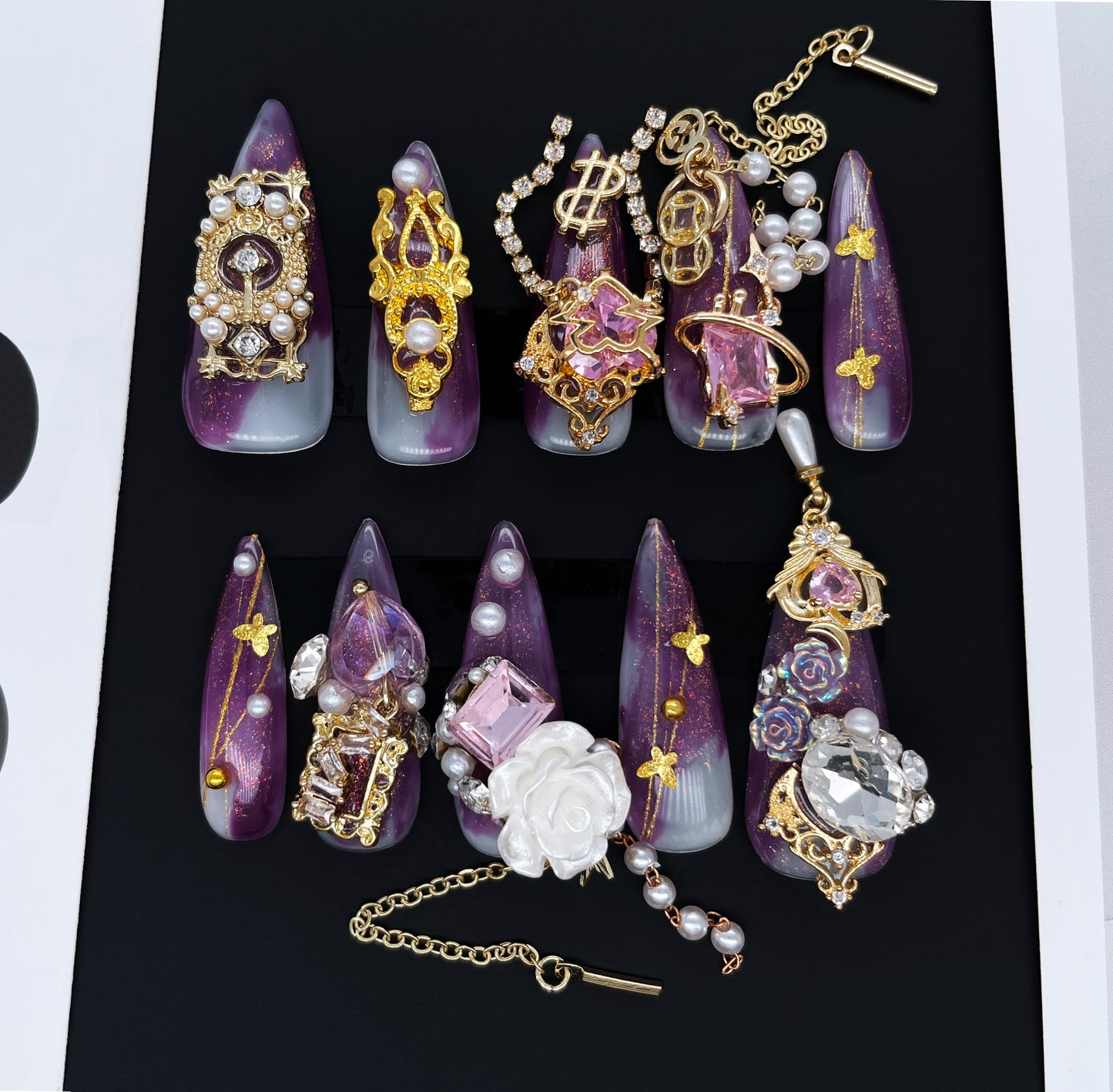 239 Luxury rose diamond gold chain pearl gradient handmade 3D Press On Nails