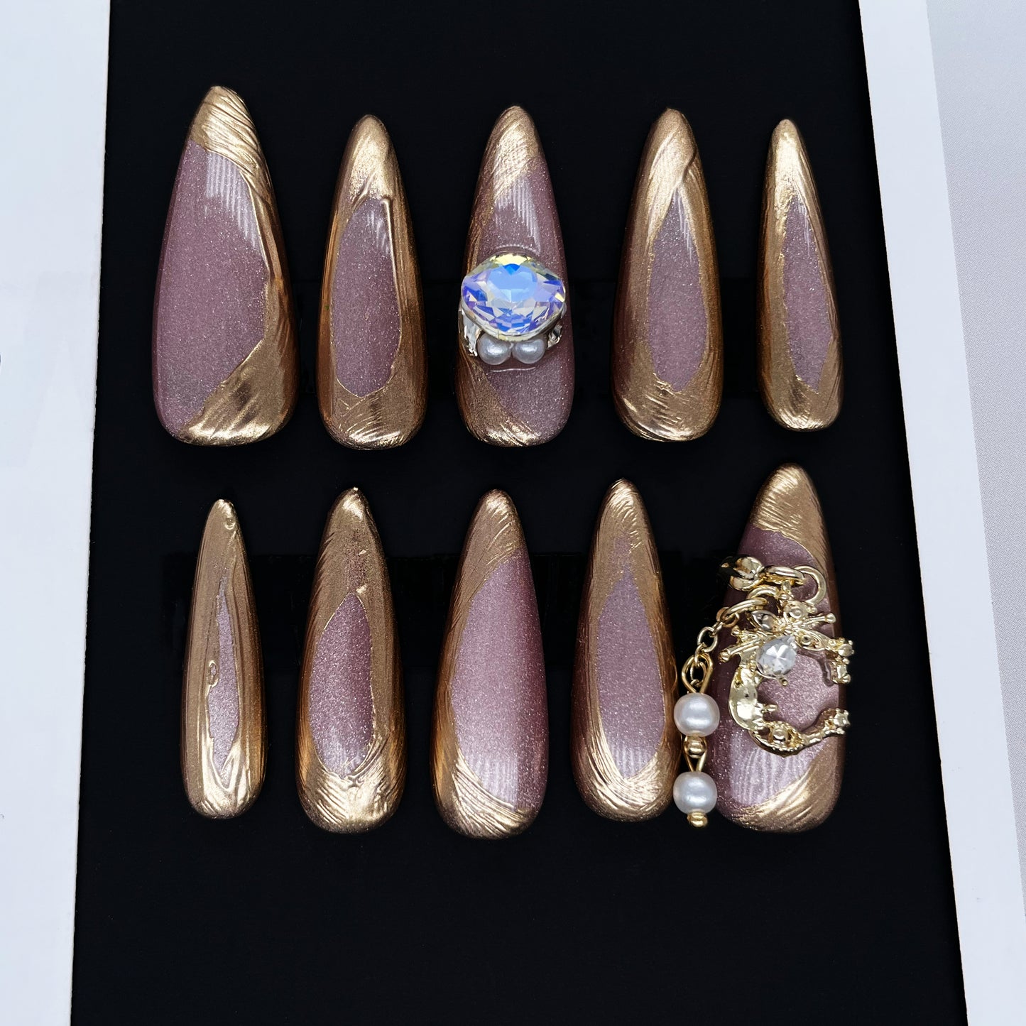 241 Magic mirror powder pink golden diamond pearl handmade 3D Press On Nails