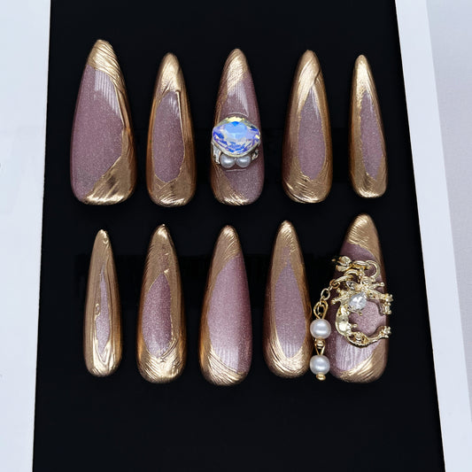 241 Magic mirror powder pink golden diamond pearl handmade 3D Press On Nails
