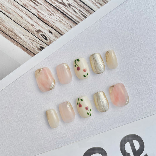 100 Hand-painted pink tulips flower golden sparkling Press On Nails
