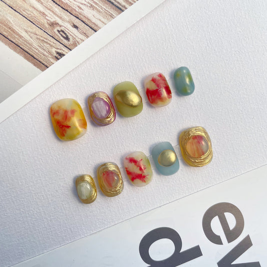 101 Golden smudge handmade 3D Press On Nails