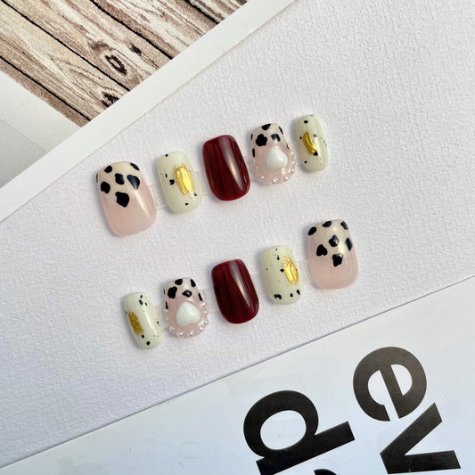 102 Cow spot 3D heart gold foil delicate pearls handmade Press On Nails