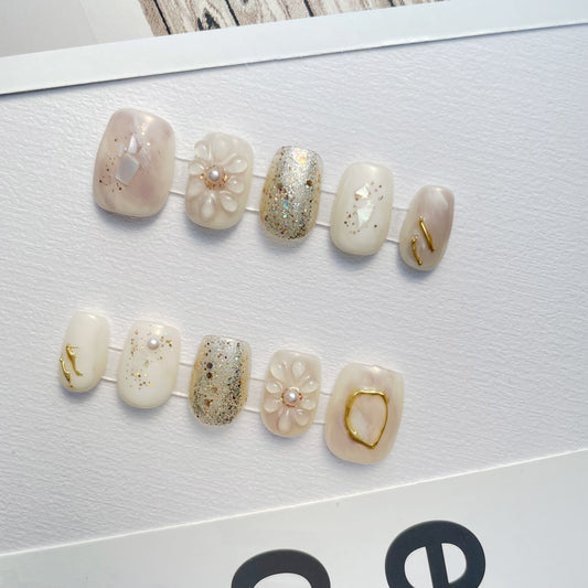 103 3D Jasmine flower gold foil delicate pearls handmade Press On Nails