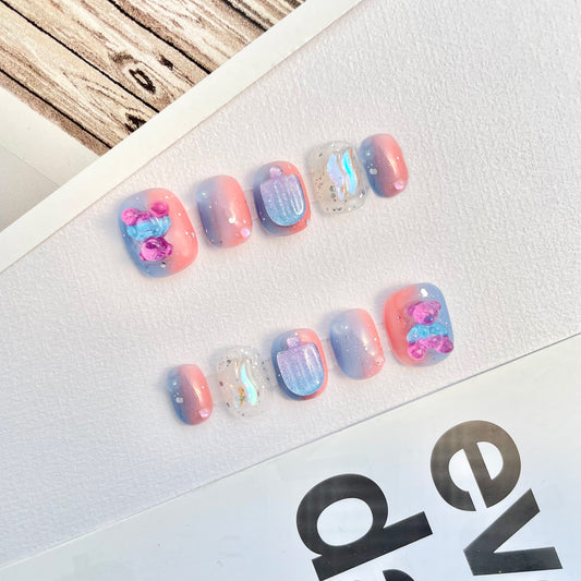 105 Popsicle bear aurora pink blue gradient handmade 3D cartoon Press On Nails