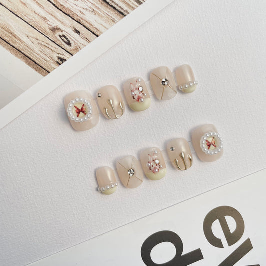 109 Pearl rabbit gold foil delicate diamond handmade 3D Press On Nails