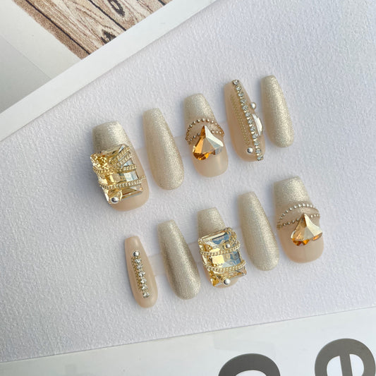 120 Luxury huge golden diamond chain seal handmade 3D Press On Nails