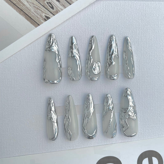 128 Snow queen Ice slivery mirror handmade 3D Press On Nails