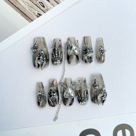 131 Black myth chained skeleton handmade 3D Press On Nails