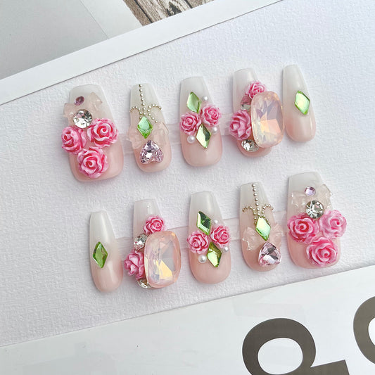 137 Rose bouquet green diamond handmade 3D Press On Nails