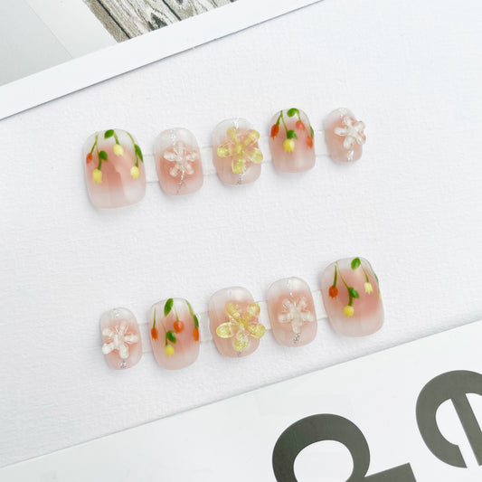 138 Tulip garden handmade 3D sparkling  flower Press On Nails