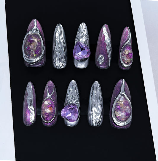 200 Aurora dazzle large purple diamond handmade 3D Press On Nails