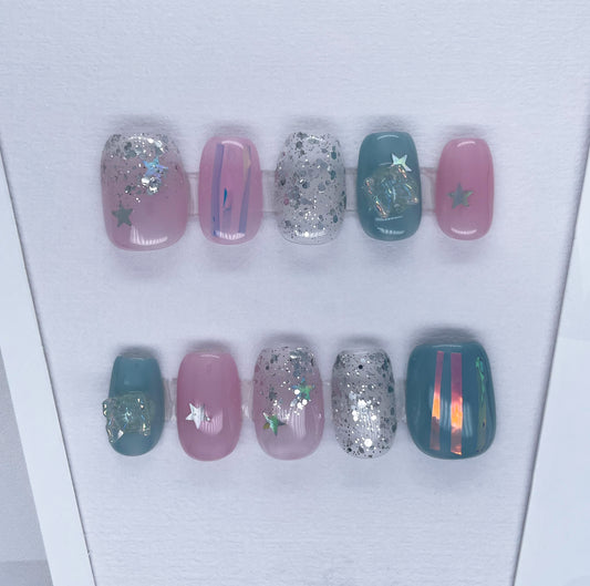 202 Starlight sparkling cherry pink handmade Press On Nails