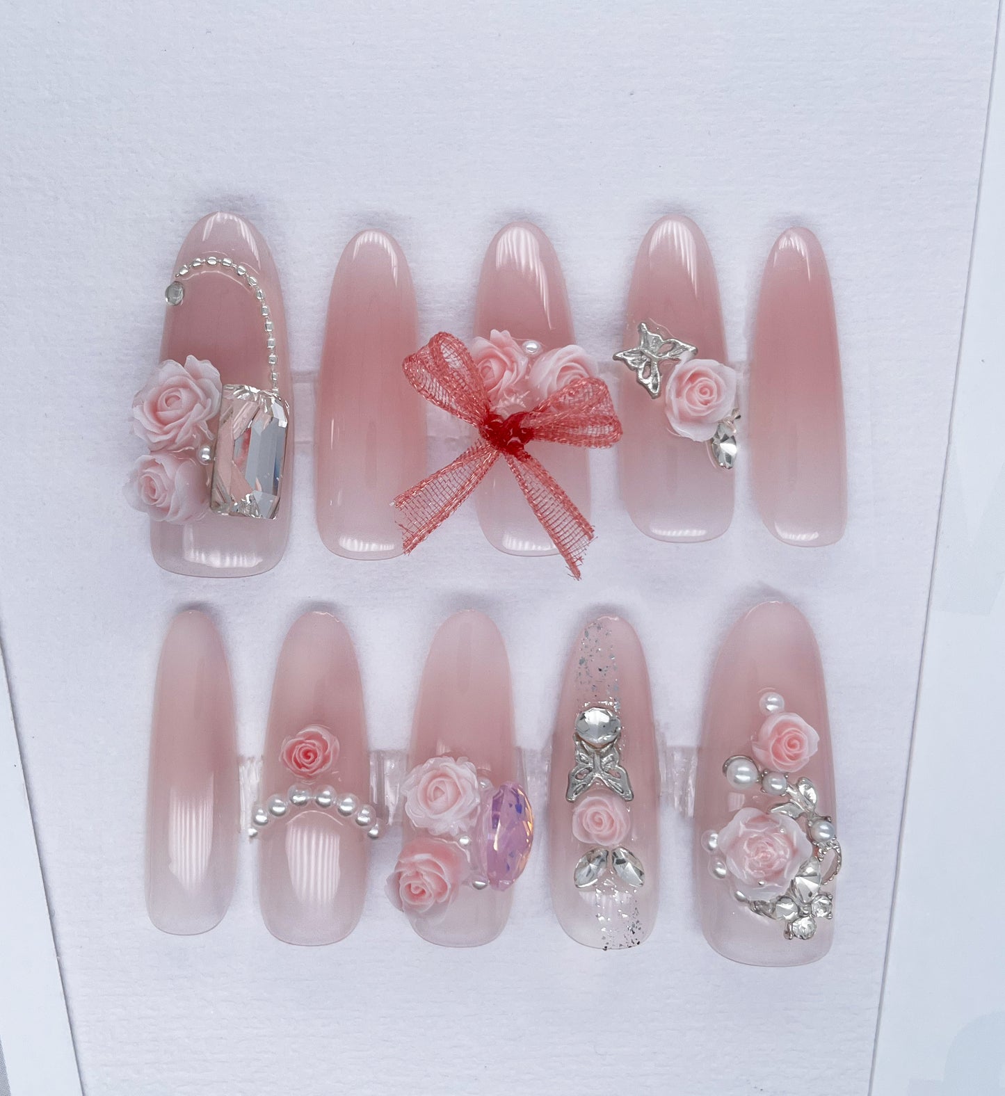204 Light pink rose lace bow delicate diamond pearl handmade 3D Press On Nails