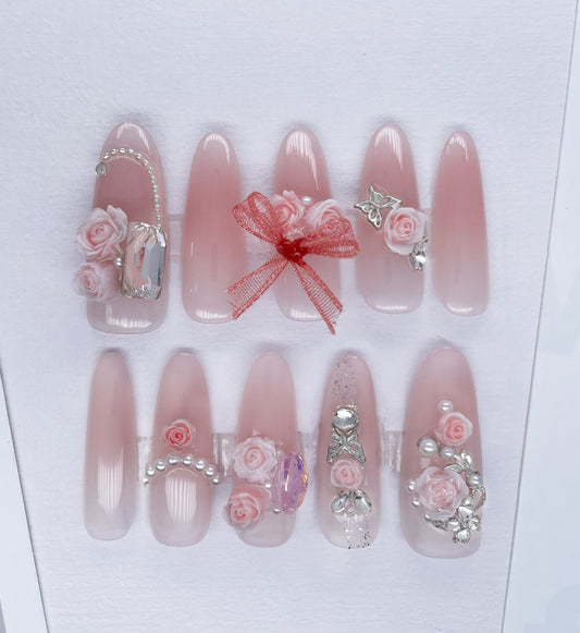 204 Light pink rose lace bow delicate diamond pearl handmade 3D Press On Nails