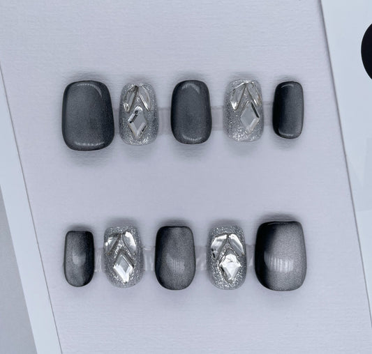 205 Dark starlight strong black reflection diamond handmade Press On Nails