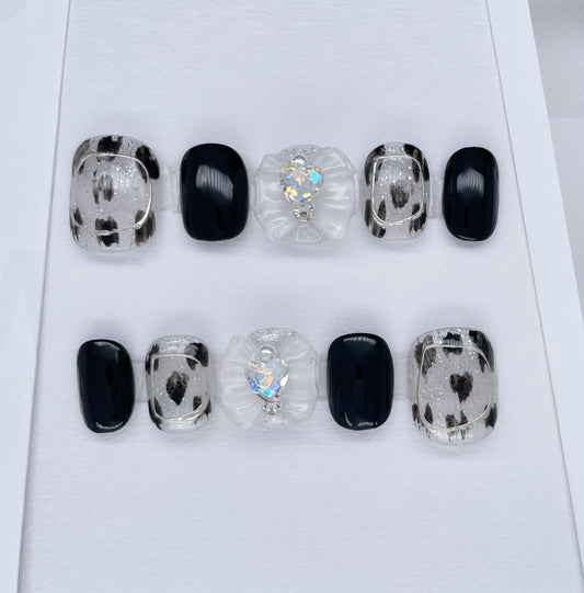 206 Crystal bow black leopard spot handmade 3D Press On Nails