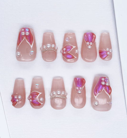 207 Pink mermaid mystery small pearls chain handmade 3D Press On Nails