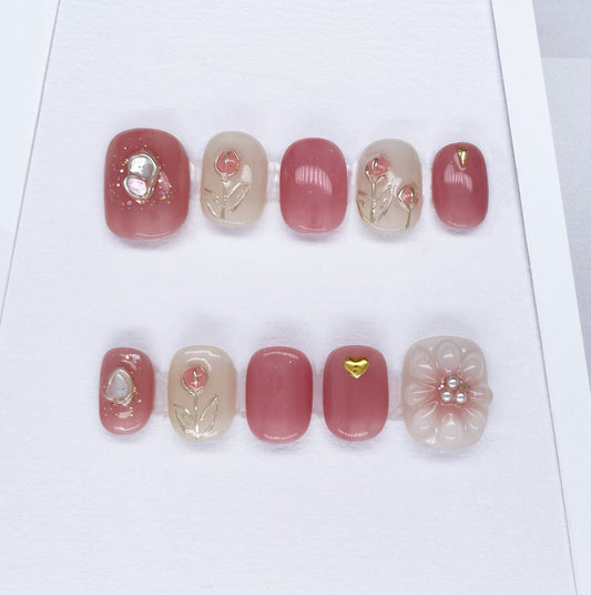 208 Delicate 3D pink gold flowers handmade Press On Nails