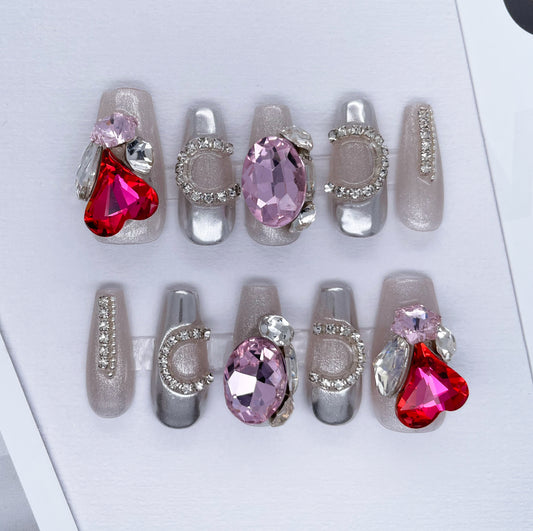 210 Luxury huge heart-shaped diamond delicate diamonds chain silver mirror handmade 3D Press On Nails