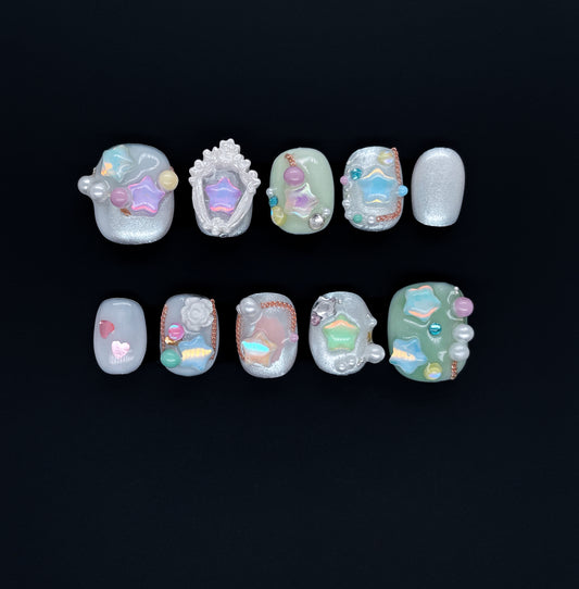 216 Lovely cream shaping cute gel stars handmade 3D Press On Nails
