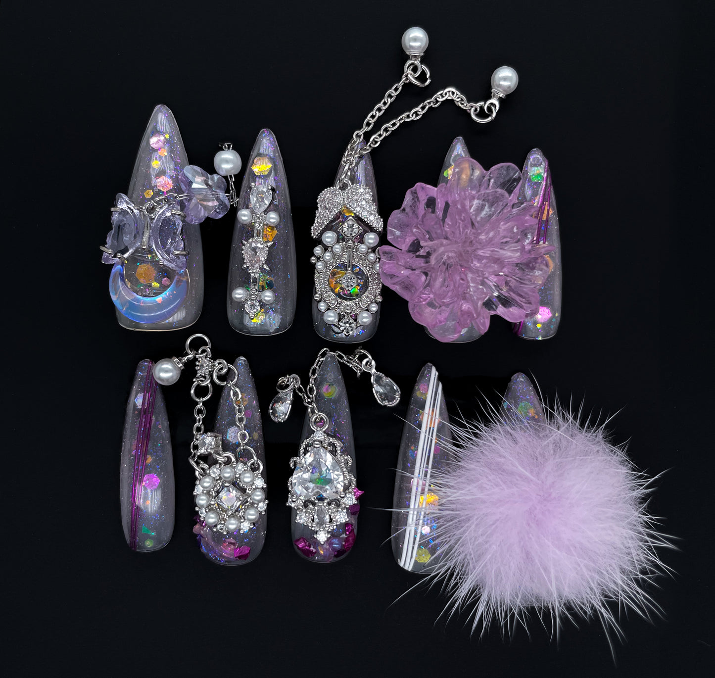 218 Luxury giant furball decoration crystal flower small pearls diamonds chain handmade 3D Press On Nails