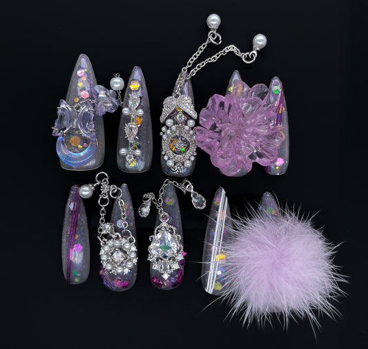 218 Luxury giant furball decoration crystal flower small pearls diamonds chain handmade 3D Press On Nails