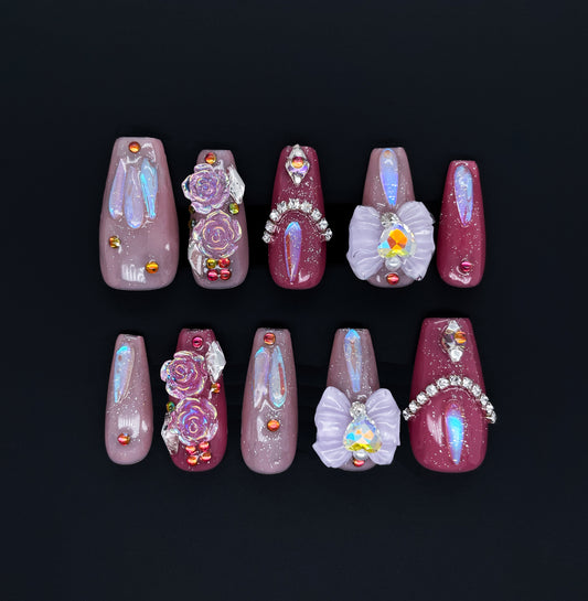 222 Sweet pink rose huge bow diamond chain pearl handmade 3D Press On Nails