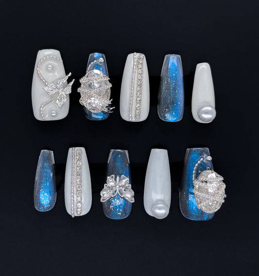 227 Snow frozen big pearl diamond handmade 3D Press On Nails
